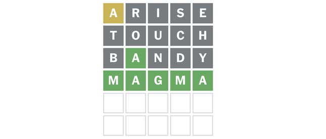 Wordle screenshot: ARISE (yellow A), TOUCH, BANDY (green A), MAGMA (solution)