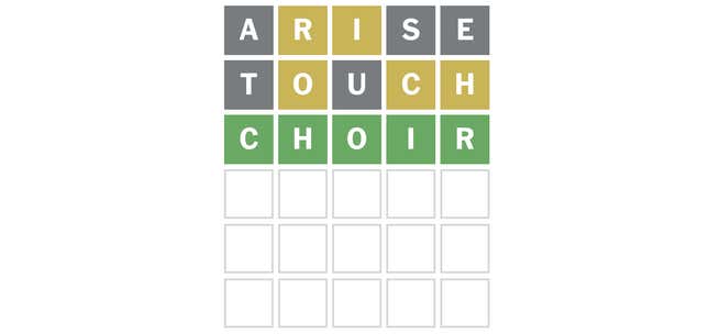 Wordle board. ARISE, yellow R and I. TOUCH, yellow O, C, and H. CHOIR, all green.