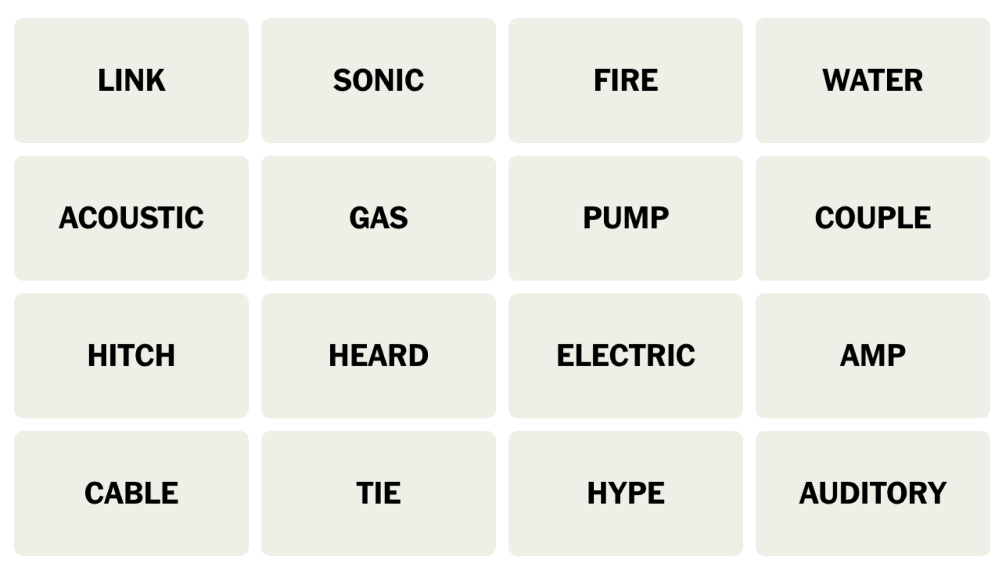 NYT Connections board for December 3, 2023: LINK, SONIC, FIRE, WATER, ACOUSTIC, GAS, PUMP, COUPLE, HITCH, HEARD, ELECTRIC, AMP, CABLE, TIE, HYPE, AUDITORY.