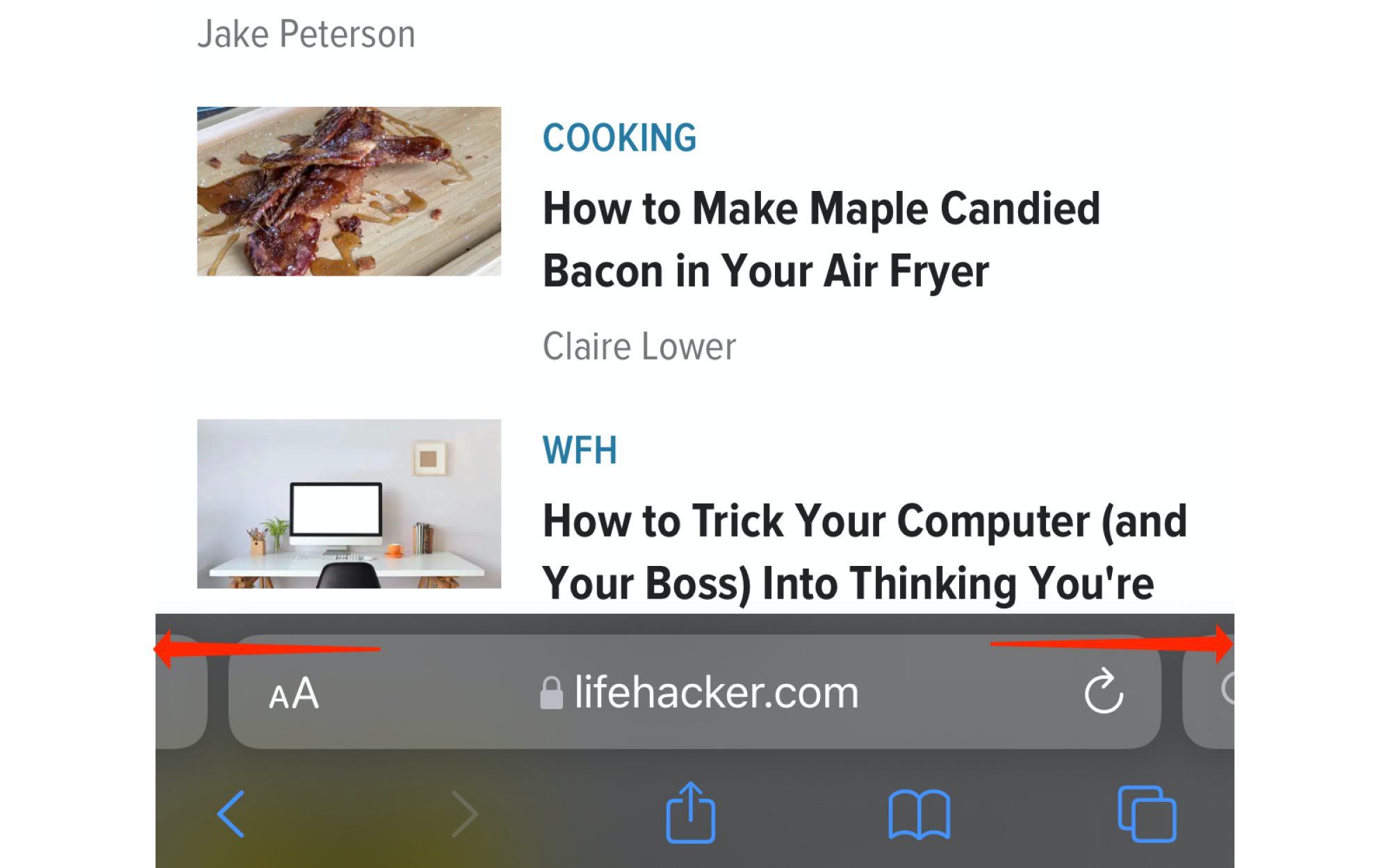 A screenshot of Lifehacker.com open in Safari on an iPhone. The bottom tab bar has two arrows to indicate that swiping left or right switches to the previous or next open tab respectively.
