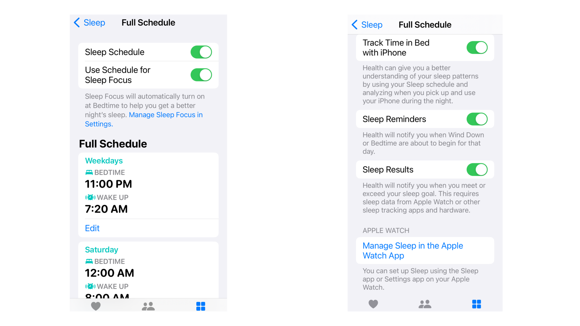 Sleep settings in the Health app