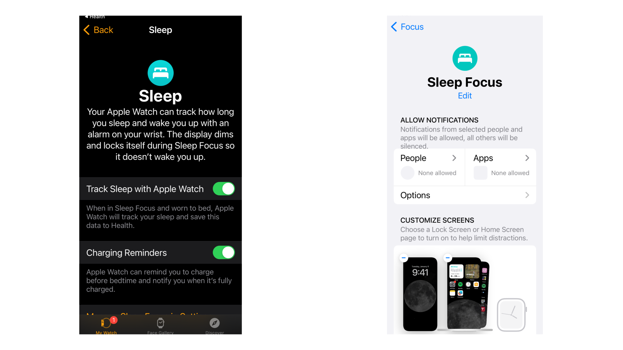 Watch app and Sleep Focus settings