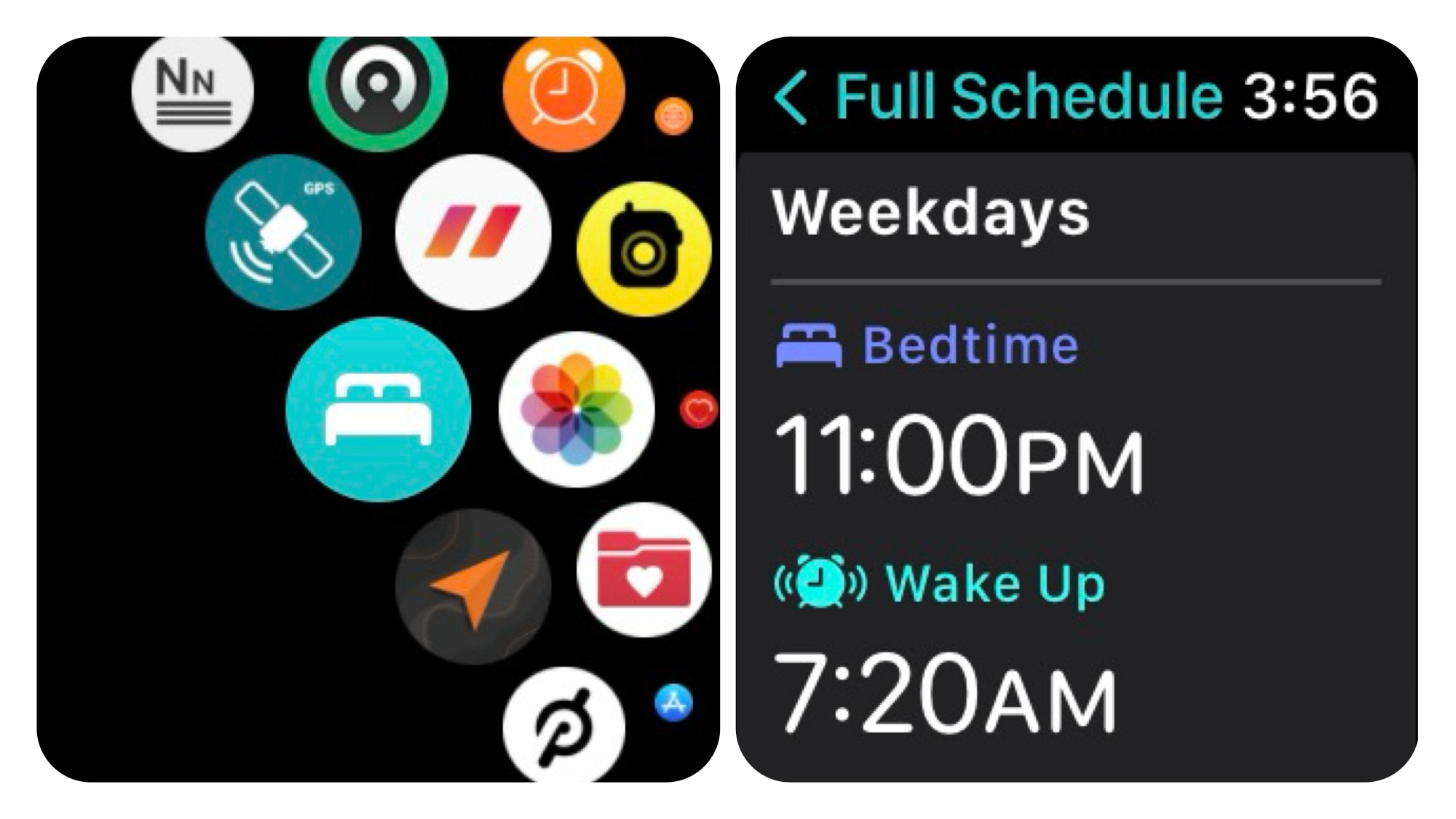 Apple watch screenshots: finding the app, and setting up sleep schedule
