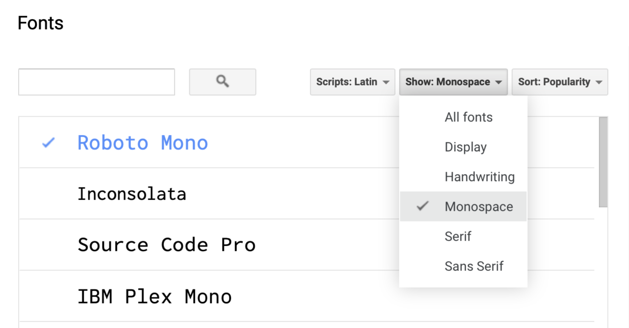 The limited filtering options for custom fonts in Google Docs