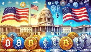 A digital illustration depicting a split image, with one side showing the U.S. Capitol building and the other side displaying various cryptocurrencies like Bitcoin, Ethereum, and stablecoins, symbolizing the intersection of U.S. politics and the crypto industry in the 2024 presidential race.