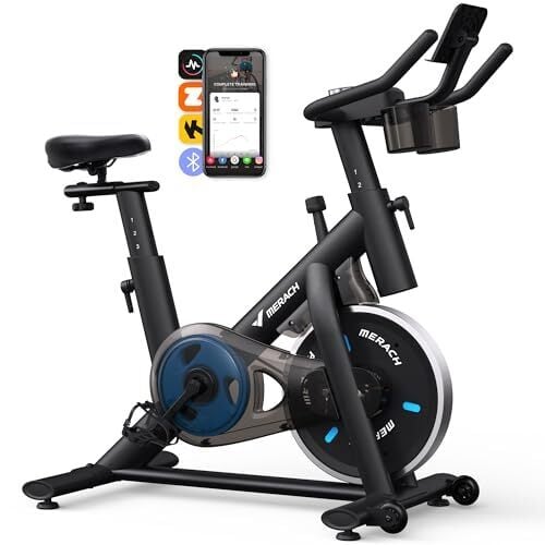 MERACH Exercise Bike, Brake Pad/Magnetic Stationary Bike with Exclusive App, Low Noise Indoor Cycling Bike with 270lbs Weight Capacity, Dumbbell Rack and Free Fitness Courses