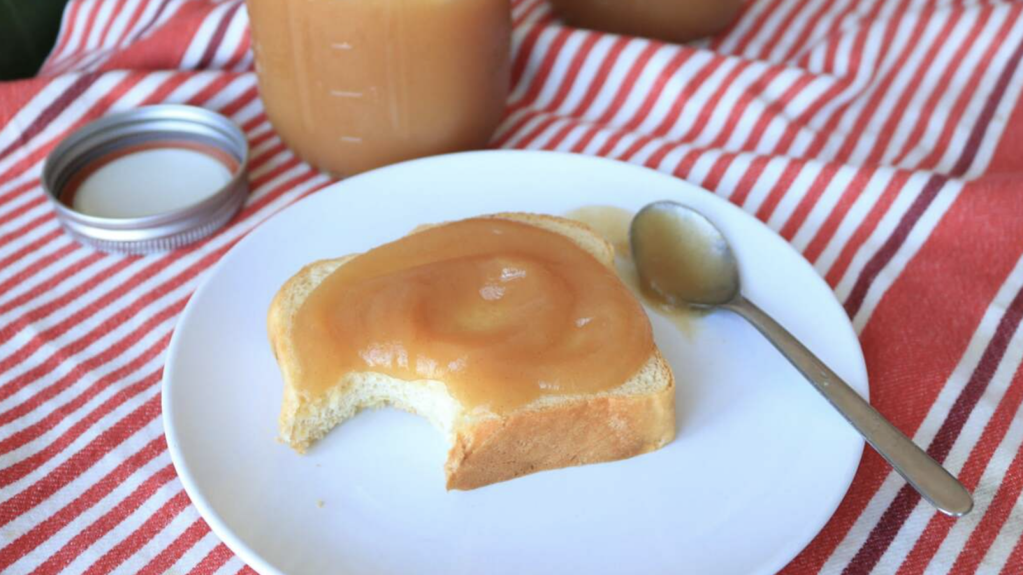 A slice of bread topped with apple butter on a plate.