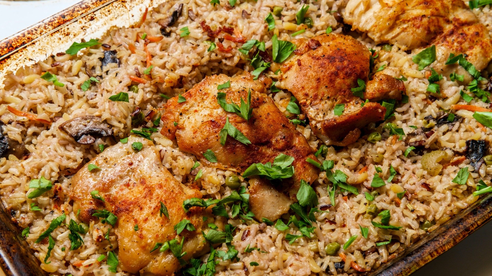 Chicken thighs and rice casserole.