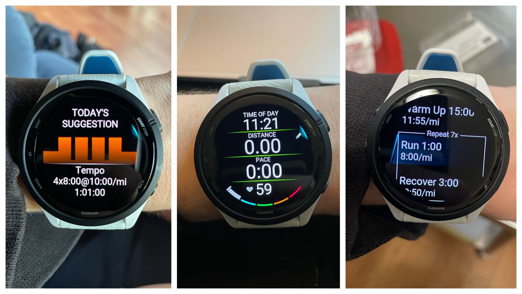 tempo workout graph, run screen, and the watch showing the segments of an upcoming workout