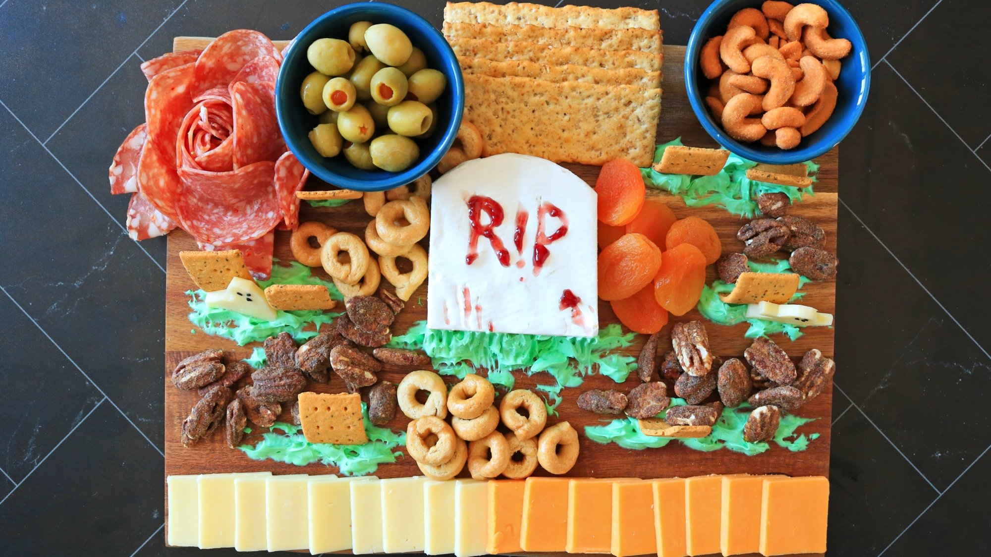 Finished Halloween meat and cheese board.