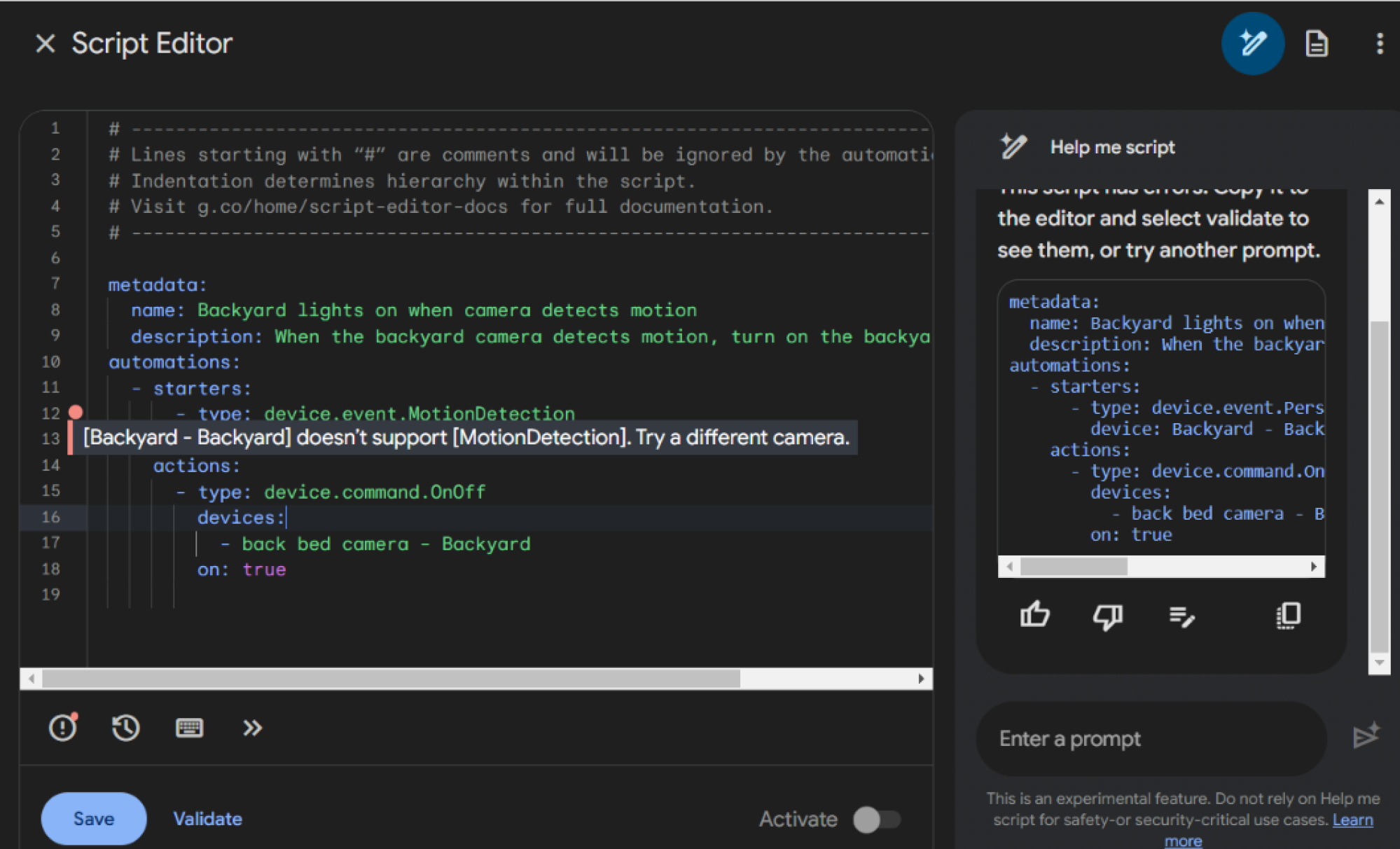 errors in the script editor panel