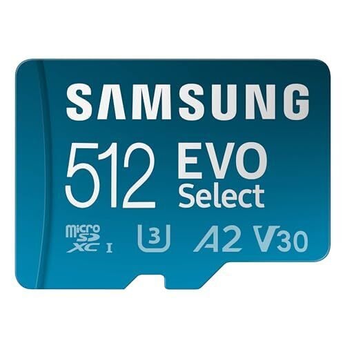 SAMSUNG EVO Select MicroSD Memory Card + Adapter, 512GB microSDXC, Speeds Up to 160 MB/s, UHS-I, C10, U3, V10, A2, Upgrade Storage for Phones, Tablets, Nintendo-Switch, MB-ME512SA/AM