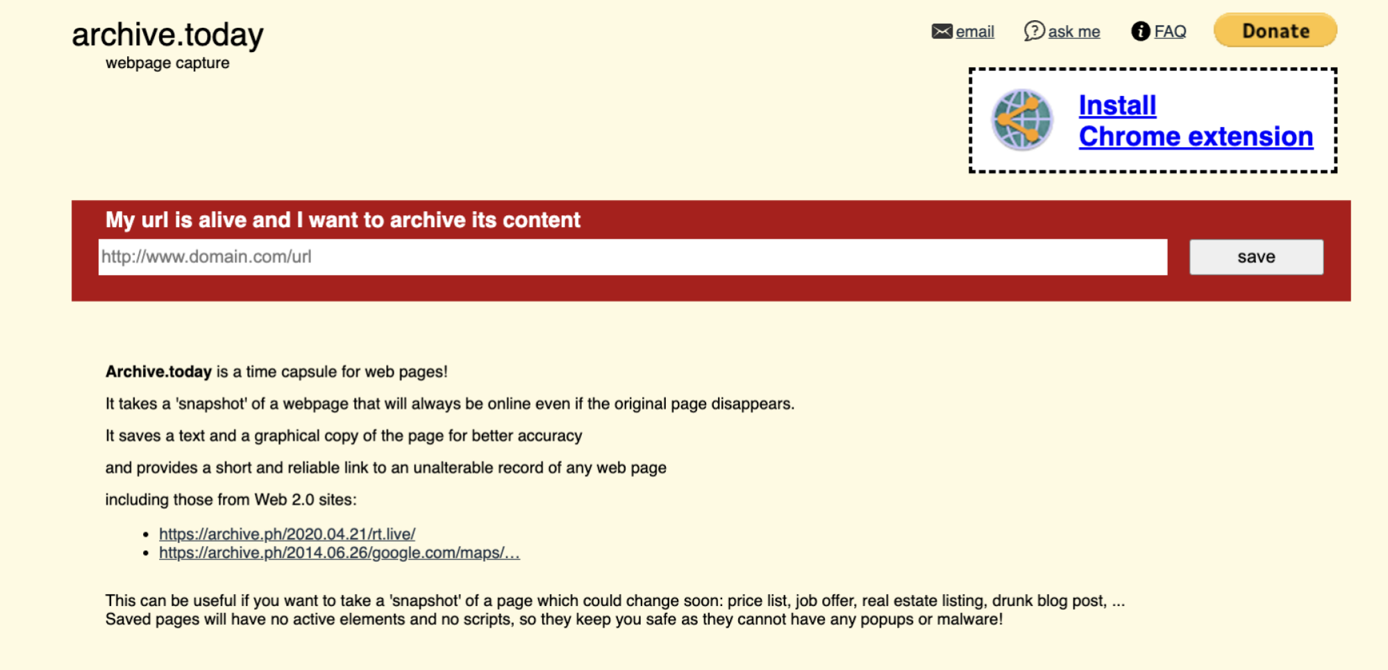 A screenshot of the Archive.today website